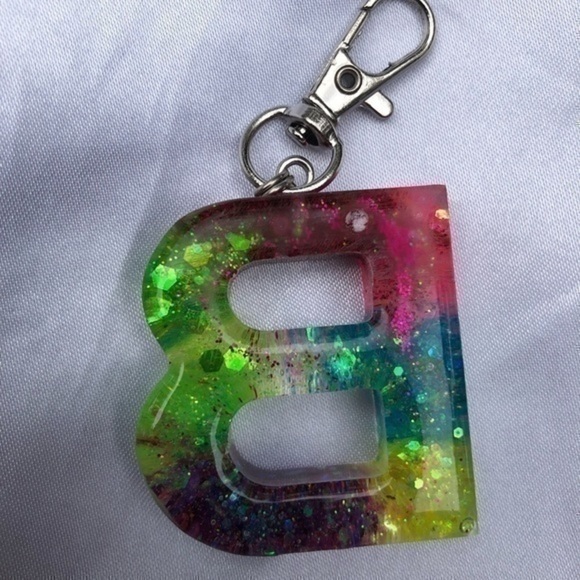 Handmade B Multicolor Resin Glitter Key Chain Charm Personalized Initial Gift - Picture 2 of 4